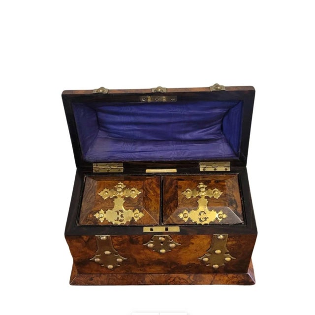 A stunning, fine quality English Victorian brass-mounted walnut tea caddy, retailed by Wedgwood & Sons, 9 Cornhill,...