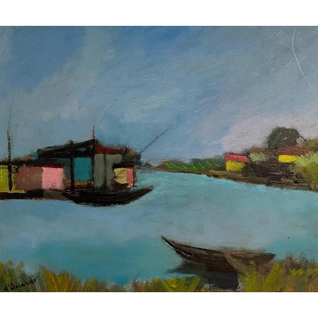 Oil on panel, River Landscape, D'Accardi, 20th century A charming painting with bright tones, depicting a glimpse of a...