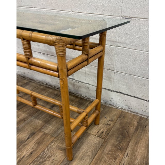 Mid 20th Century Vintage MCM Coastal Boho Style Sculpted Rattan Bamboo Glass Top Console Table For Sale - Image 5 of 9