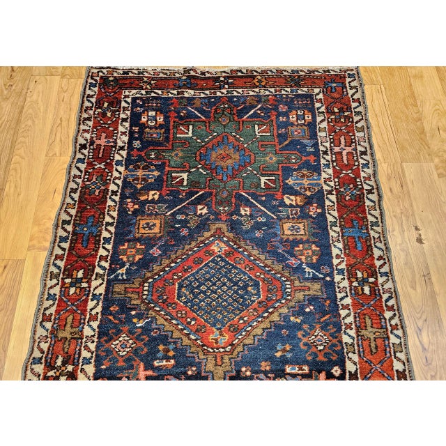 Vintage Persian Heriz Serapi Runner Rug, Hand-Knotted Wool, Geometric Medallion Pattern, Navy, 3x12 For Sale - Image 13 of 16