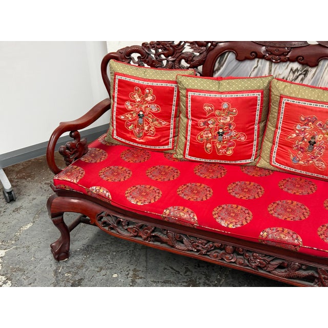 Vintage Qing Dynasty Carved Rosewood + Marble Sofa For Sale - Image 9 of 12