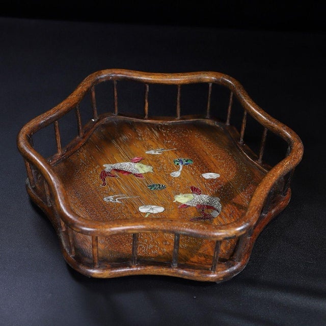 Brown Huali Rosewood Foliate Tray Inlaid With Mother-of-Pearl For Sale - Image 8 of 9