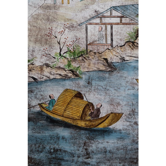 Pair of Vintage Hand-Painted Chinese River Village Solid Wood Panels For Sale - Image 10 of 18