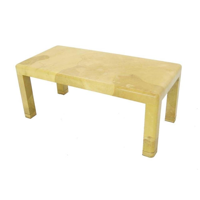 Brass Mid-Century Modern Lacquered Goat Skin Parchment Coffee Table Brass Feet MINT For Sale - Image 8 of 8