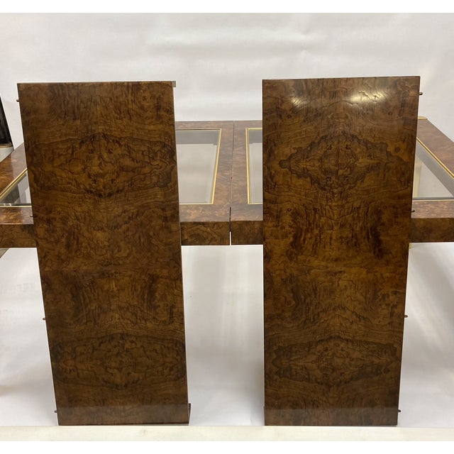 Vintage Burled Walnut & Glass Dining Table With Brass Legs and 2 Leaves For Sale - Image 4 of 6