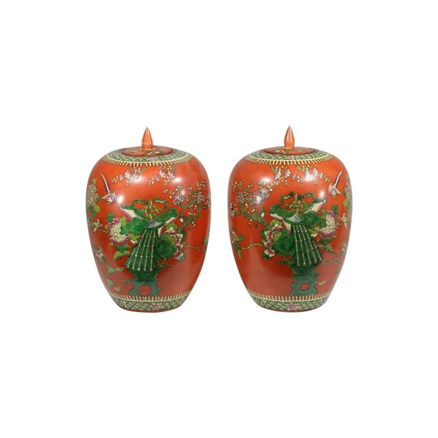 19th century Exquisite Persimmon Porcelain Ginger Jars- Qing Dynasty - a Pair For Sale