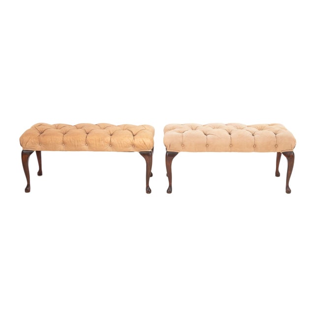 Pair of Queen Anne Style Button Tufted Upholstered Benches, each on four wood cabriole legs. 18" H x 39" W x 19" D....
