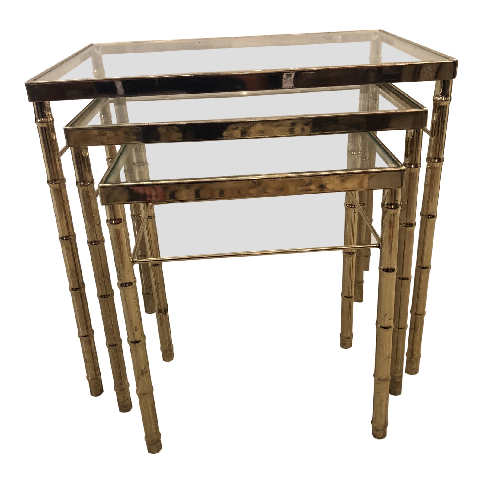 MidCentury Modern Faux Bamboo Brass/Glass Nesting Tables Set of 3