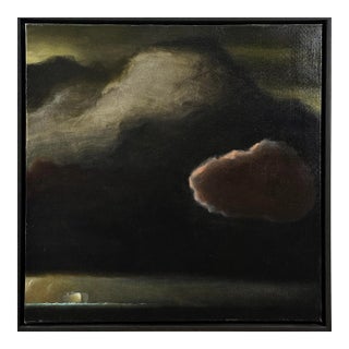 Vintage Postmodernist Dark Seascape With Pink Cloud and Boat, Oil on Canvas (Framed) For Sale
