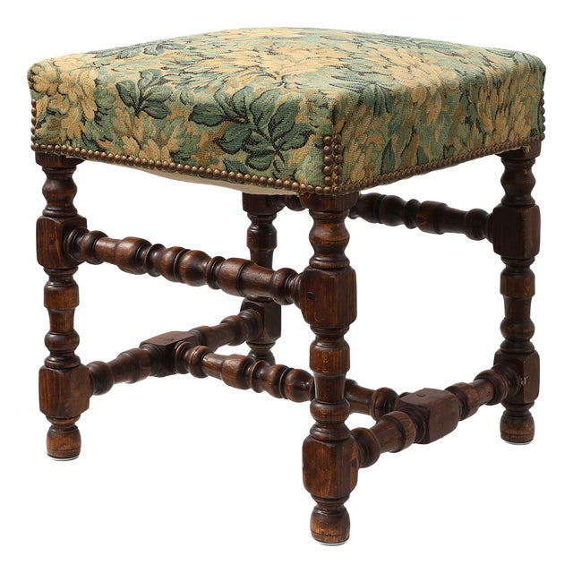 Louis XIII Walnut Ottoman with Floral Tapestry Seat, France, 1840 For Sale