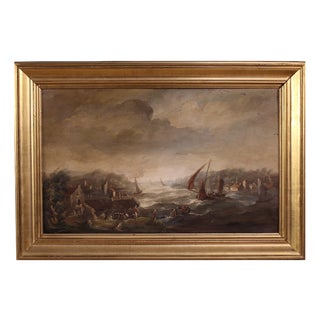 Flemish Artist, Seascape with Boats and Characters, 20th Century, Oil Painting, Framed For Sale