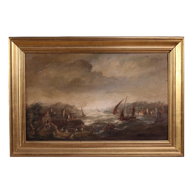 Flemish Artist, Seascape with Boats and Characters, 20th Century, Oil Painting, Framed For Sale