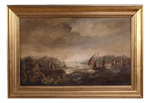 Flemish Artist, Seascape with Boats and Characters, 20th Century, Oil Painting, Framed