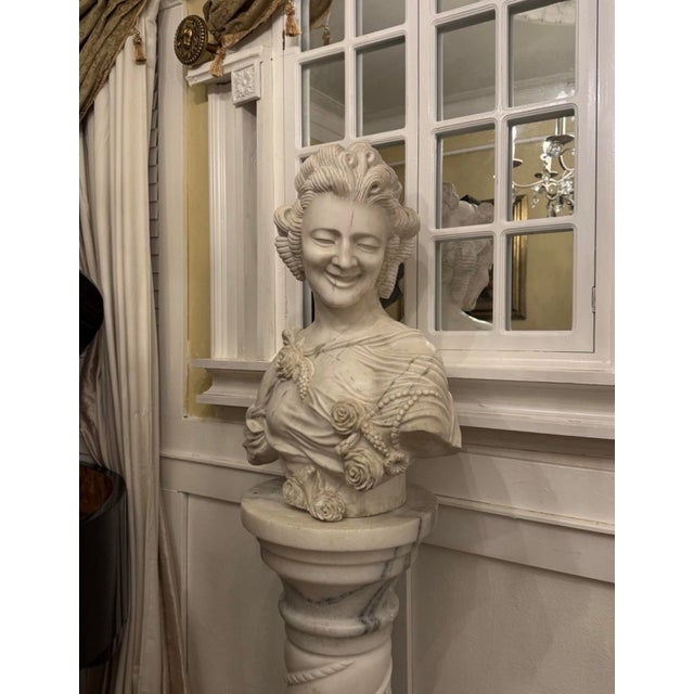 Mediterranean Carrara Marble Bust and Pedestal 6’ c.1900’s For Sale - Image 3 of 8