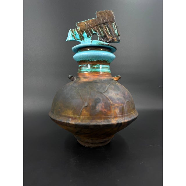 Late 20th Century Signed George Whitten Raku Studio Pottery Lidded Sculptural Vessel For Sale In Chicago - Image 6 of 9