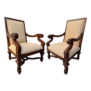 1980s Neoclassical Hand-Carved Mahogany Armchairs With Rolled Arms & X-Stretcher - A Pair For Sale