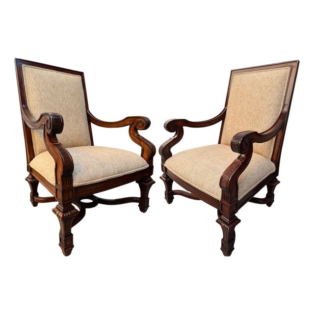 1980s Neoclassical Hand-Carved Mahogany Armchairs With Rolled Arms & X-Stretcher - A Pair For Sale