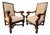 1980s Neoclassical Hand-Carved Mahogany Armchairs With Rolled Arms & X-Stretcher - A Pair For Sale