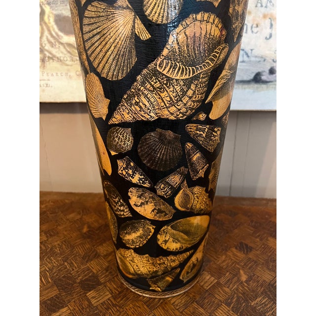 Vintage English Planter Jardiniere Urn Shell Decoupage Black Tole Coastal Décor For Sale - Image 9 of 17