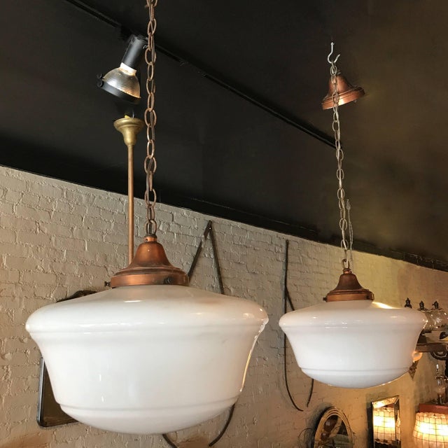 Art Deco Milk Glass And Copper Schoolhouse Pendant Lights Chairish