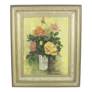 Vintage Original Still Life Oil Painting, Abstract Floral, Yellow, Pink Orange Green Signed by Artist
