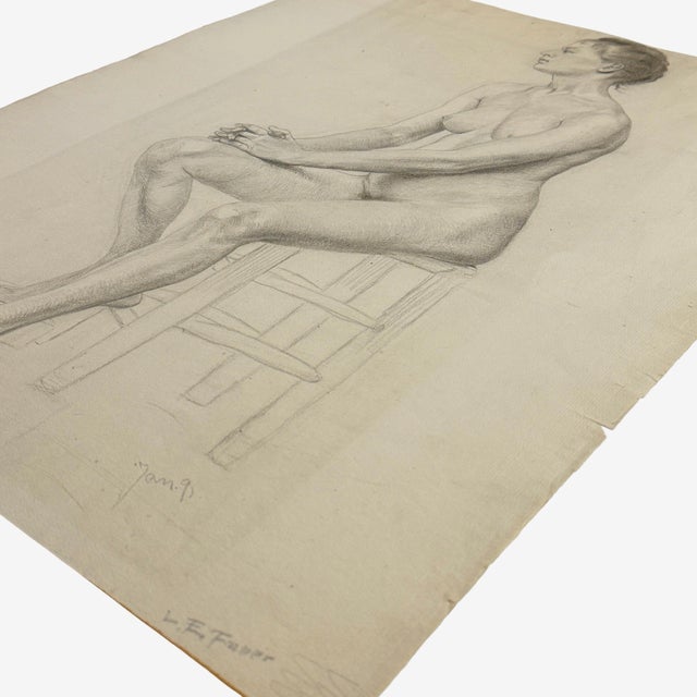 Ludwig Ernst Faber (1855–1913) - Antique Figurative Nude Study of a Seated Woman, Signed (1891, Graphite on Paper) For Sale In Philadelphia - Image 6 of 6