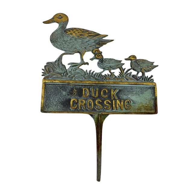 Nautical Vintage Cast Iron Patina Metal Duck Crossing Stake Sign For Sale - Image 3 of 4