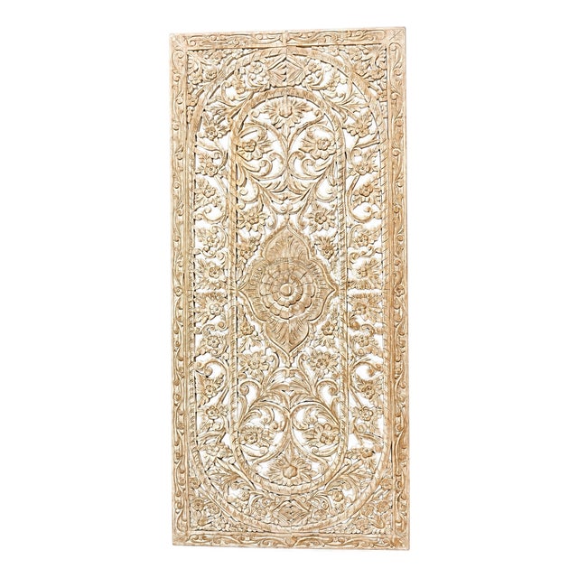 Vintage Carved Jali Barn Door | Whitewashed Patina Room Divider 80x36 For Sale