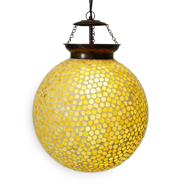 Vintage yellow mosaic globe pendant lamp. Hand crafted in India with intricate small colored glass mosaic work. Beautiful...