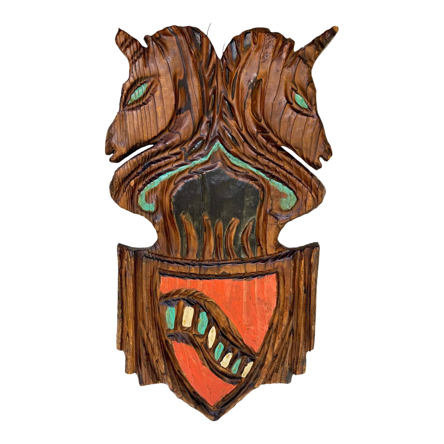 1960's Witco Carved Wood Wall Sculpture Unicorn Crest Large Tiki