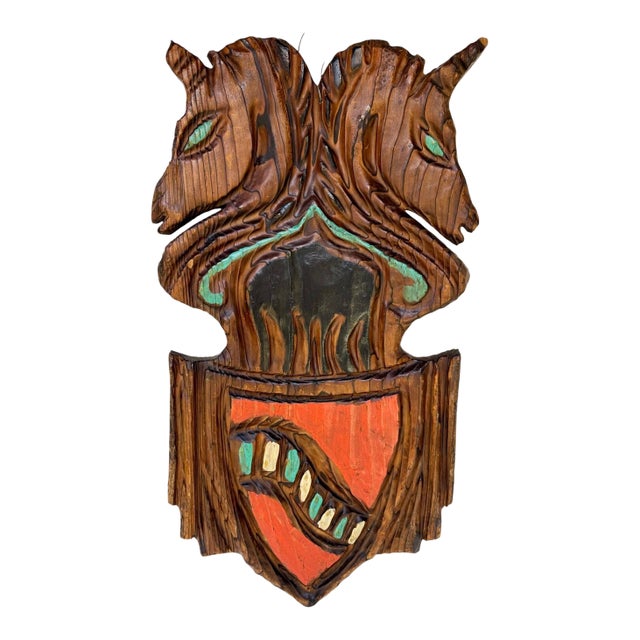 1960's Witco Carved Wood Wall Sculpture Unicorn Crest Large Tiki Polynesian 35” For Sale