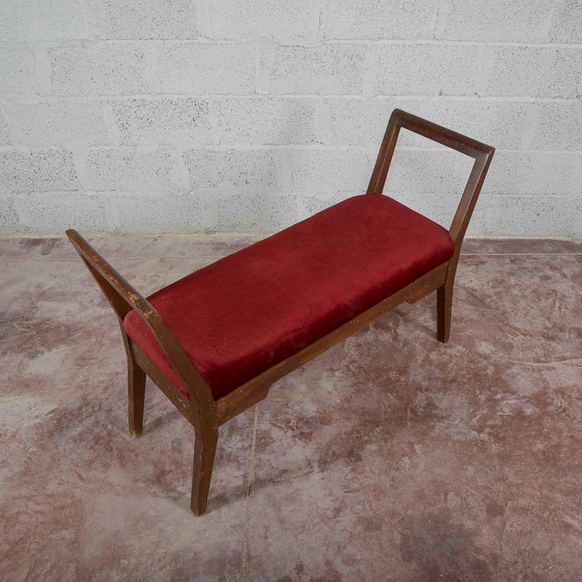 Small Wooden Bench Upholstered in Red Art Deco Velvet, 1940s For Sale - Image 10 of 18