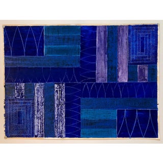 Joan Kahn, Joan Kahn Indigo Denim Blue Color Abstract Expressionist Modernist Oil Painting, c.1980's For Sale