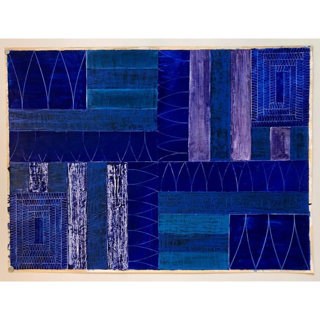 Joan Kahn, Joan Kahn Indigo Denim Blue Color Abstract Expressionist Modernist Oil Painting, c.1980's For Sale