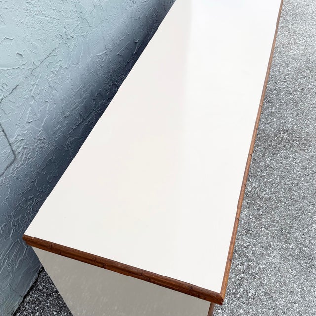 Boho Chic Cream Gloss Laminate Cane and Faux Bamboo Dresser For Sale - Image 4 of 12