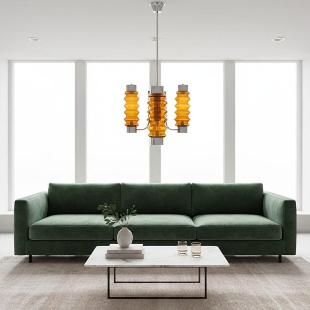Tall Mid-Century Modern Chandelier in Amber Brown Glass and Chrome, 1970s For Sale - Image 4 of 10