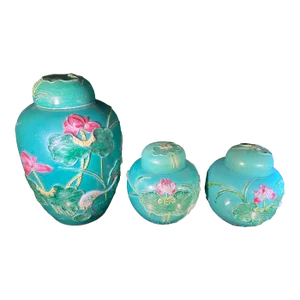 Set of 3 Vintage Chinese Famille Turquoise Porcelain Jars