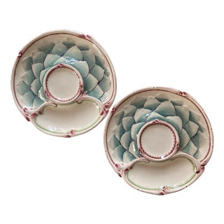 French Majolica Artichoke Asparagus Plate from Sarreguemines, 1900, Set of 2 For Sale