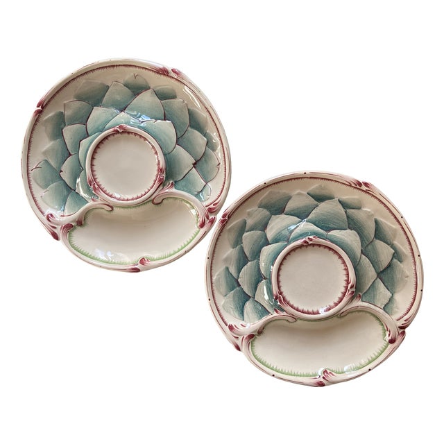 French Majolica Artichoke Asparagus Plate from Sarreguemines, 1900, Set of 2 For Sale