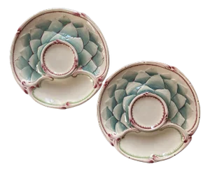 French Majolica Artichoke Asparagus Plate from Sarreguemines, 1900, Set of 2