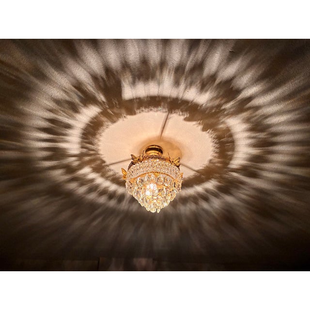 Vintage Brass Butterfly Flush Mount Light, Vintage Hand-Painted Light Green Crystal Basket Chandelier, Dramatic Radial Shadow Display For Sale - Image 6 of 15
