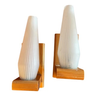 1970's Scandinavian Oak + Glass Sconces - Set of 2 For Sale