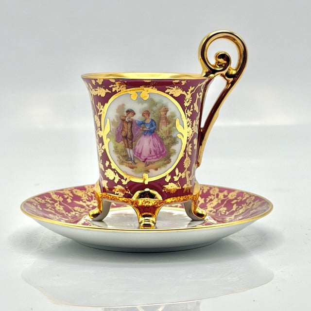 Vintage Ruby Red Porcelain Coffee Service with Gilt Romantic Fragonard Scene from Limoges, 1970s, Set of 13 For Sale - Image 10 of 18