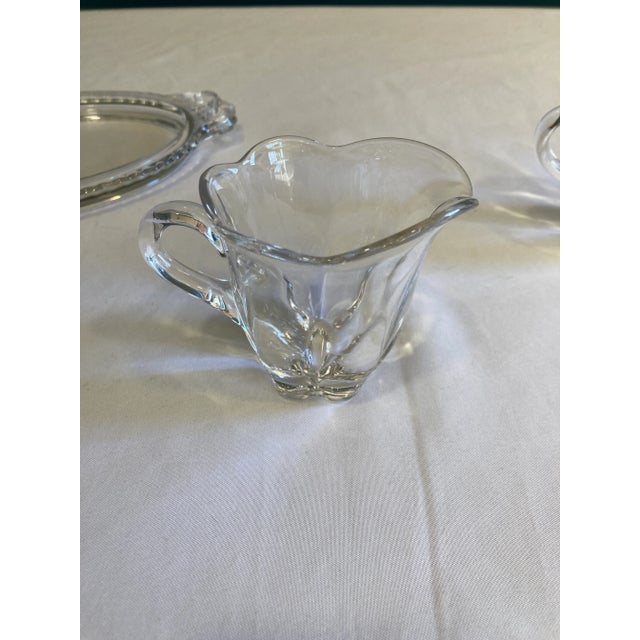 1940s Vintage Clear Fluted Glass Creamer and Sugar Bowl Set With Matching Serving Tray For Sale - Image 5 of 7