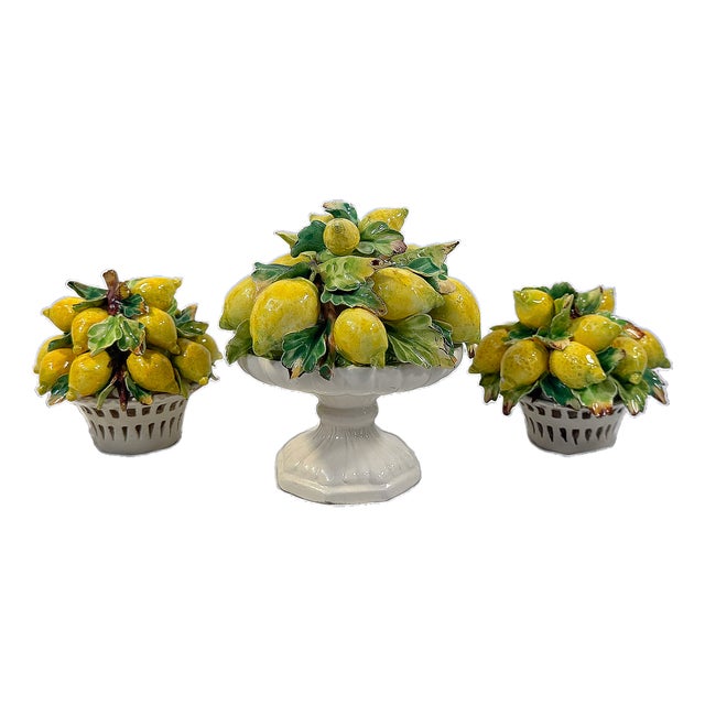 Vintage Petite Italian Majolica Lemon Topiary Set of Three For Sale