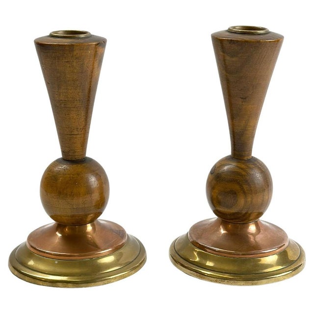 Art Deco English Candlesticks in Hand-Turned Wood, Brass and Copper, 1930s For Sale - Image 10 of 10