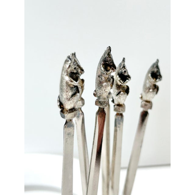 Mid 20th Century Vintage Silverplate Animal Cocktail Picks – Set of 6 Figural Barware Skewers, Mid Century Entertaining, Holland With Original Box For Sale - Image 5 of 10