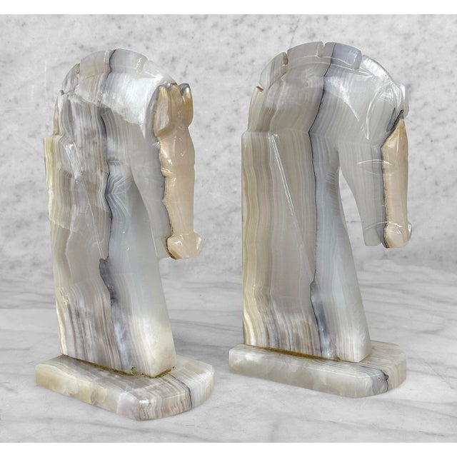 Gemstone Mid-Century Art Deco Italian Onyx Stone Trojan Horse Library Bookends – A Pair For Sale - Image 7 of 10