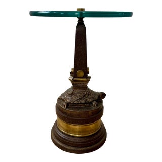 Vintage Hollywood Regency Turtle Pedestal Side Table With Brass and Glass Top For Sale
