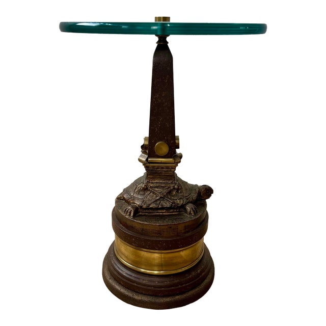 Vintage Hollywood Regency Turtle Pedestal Side Table With Brass and Glass Top For Sale
